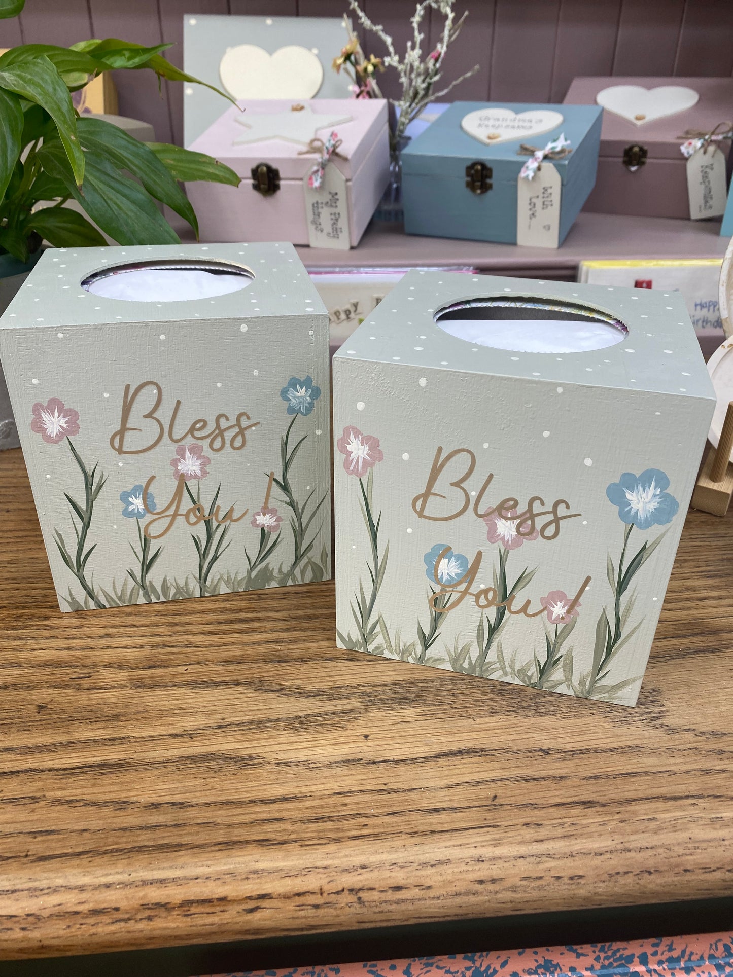 Personalised floral wooden tissue box.