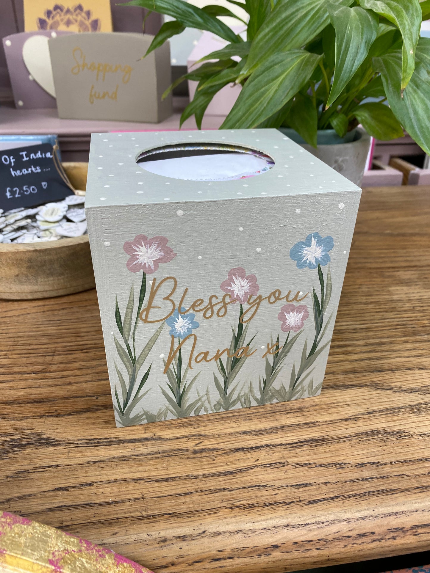 Personalised floral wooden tissue box.