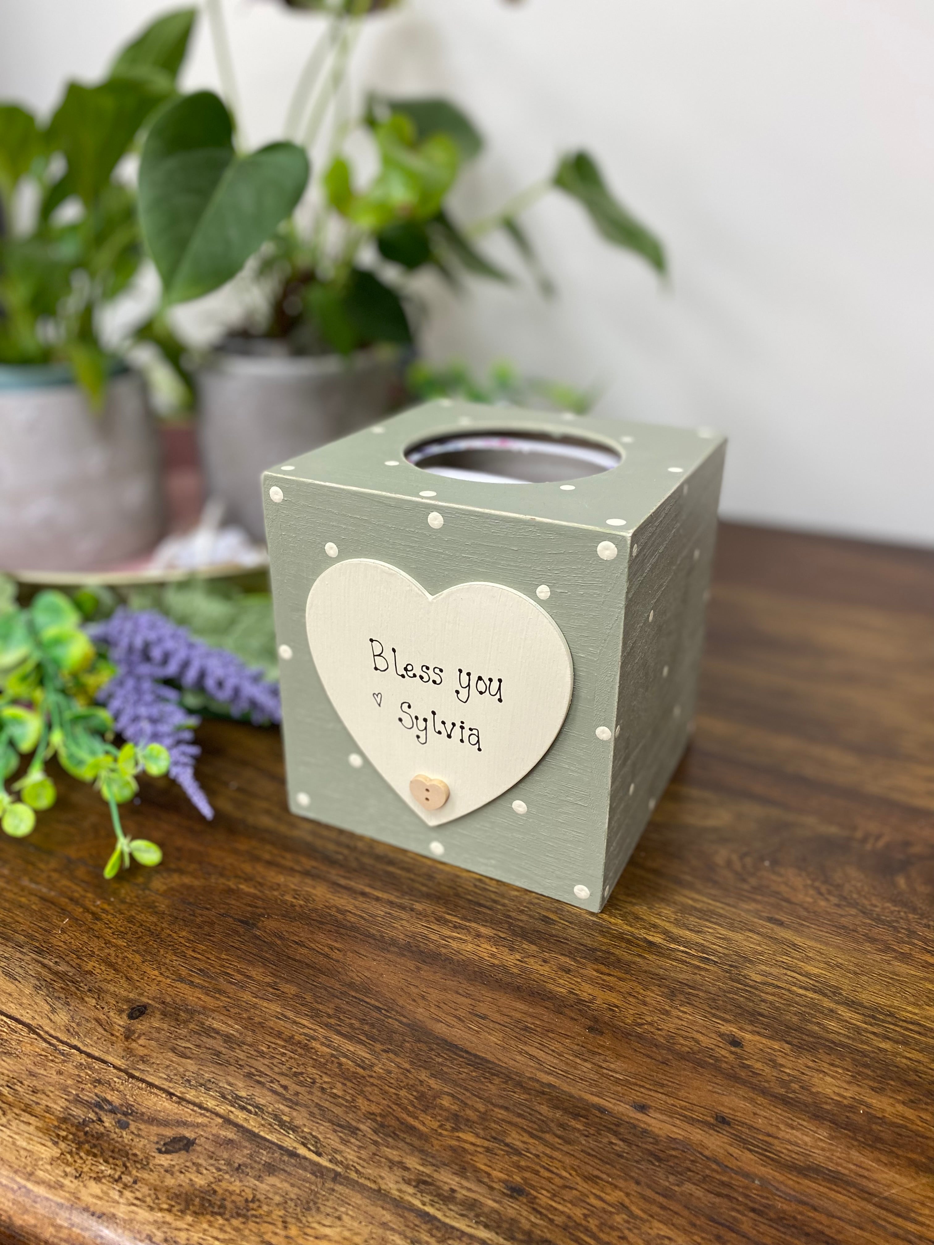Personalised spotty wooden tissue box with heart.