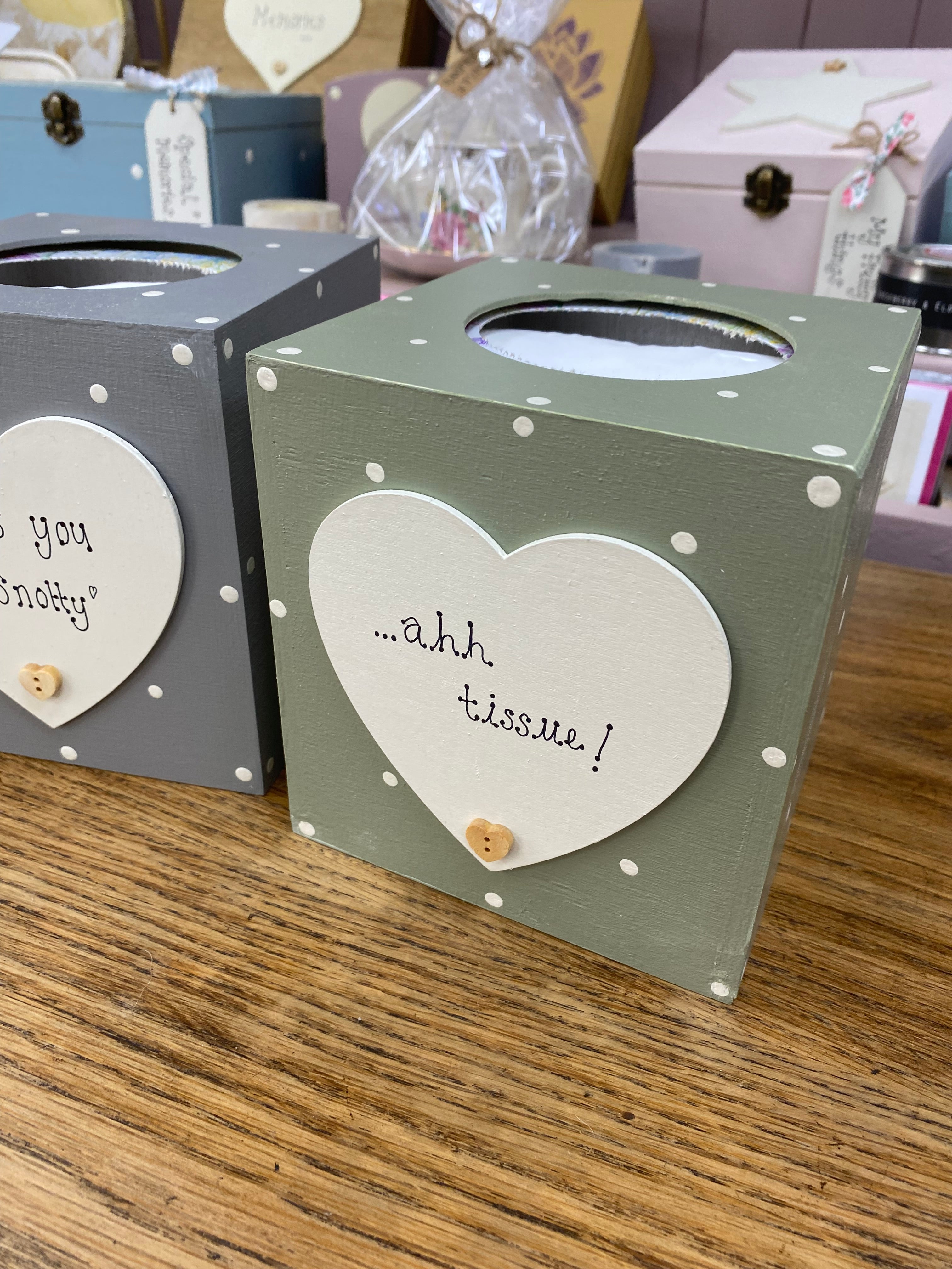 Personalised spotty wooden tissue box with heart.