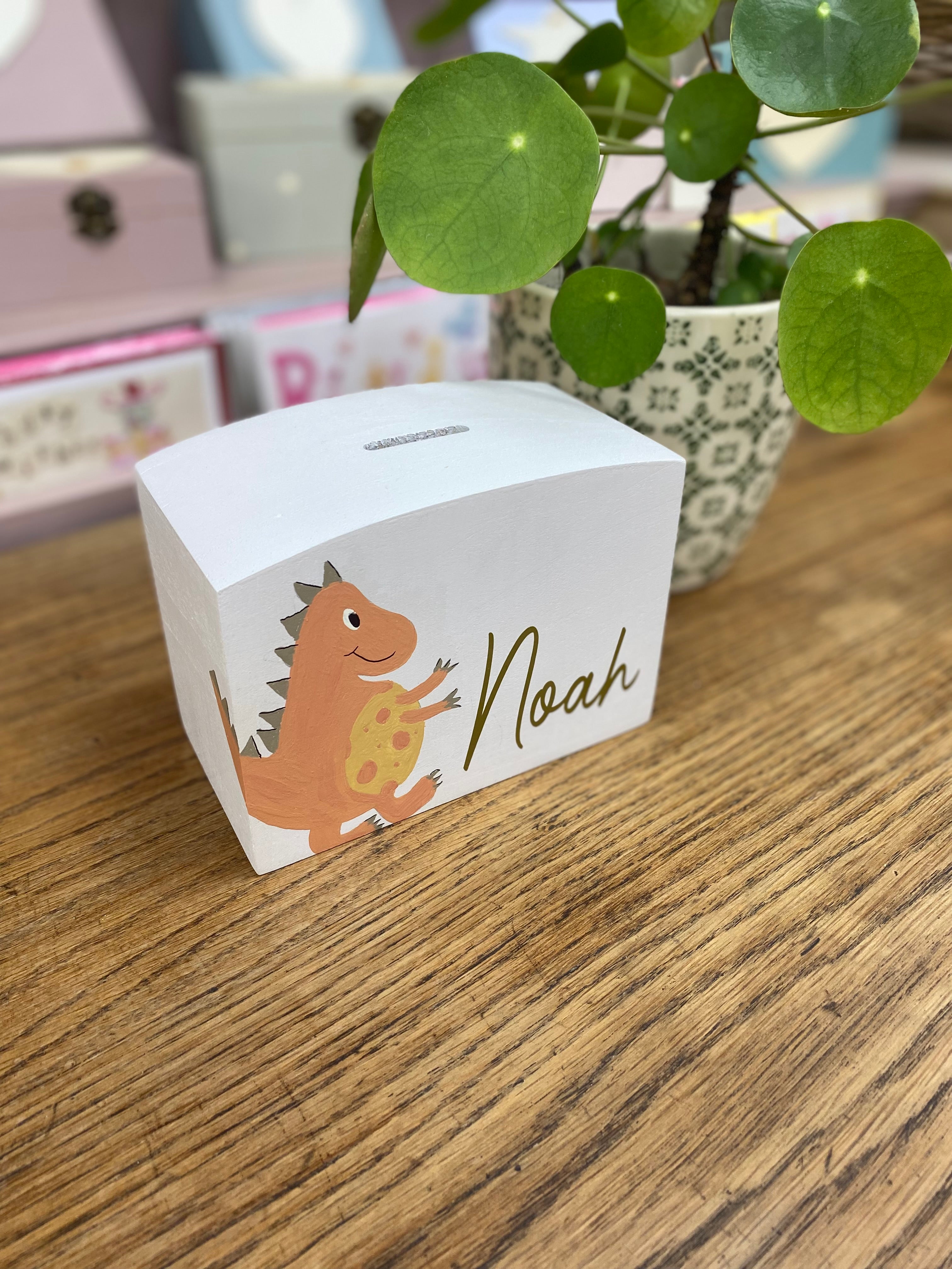 Personalised Luxury Wooden Money Box Hand Painted Dinosaur.