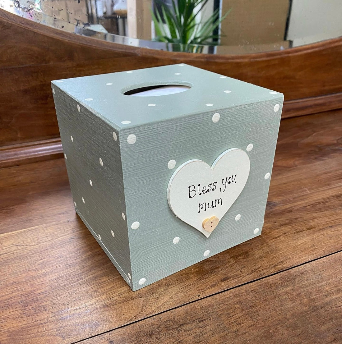Personalised spotty wooden tissue box with heart.