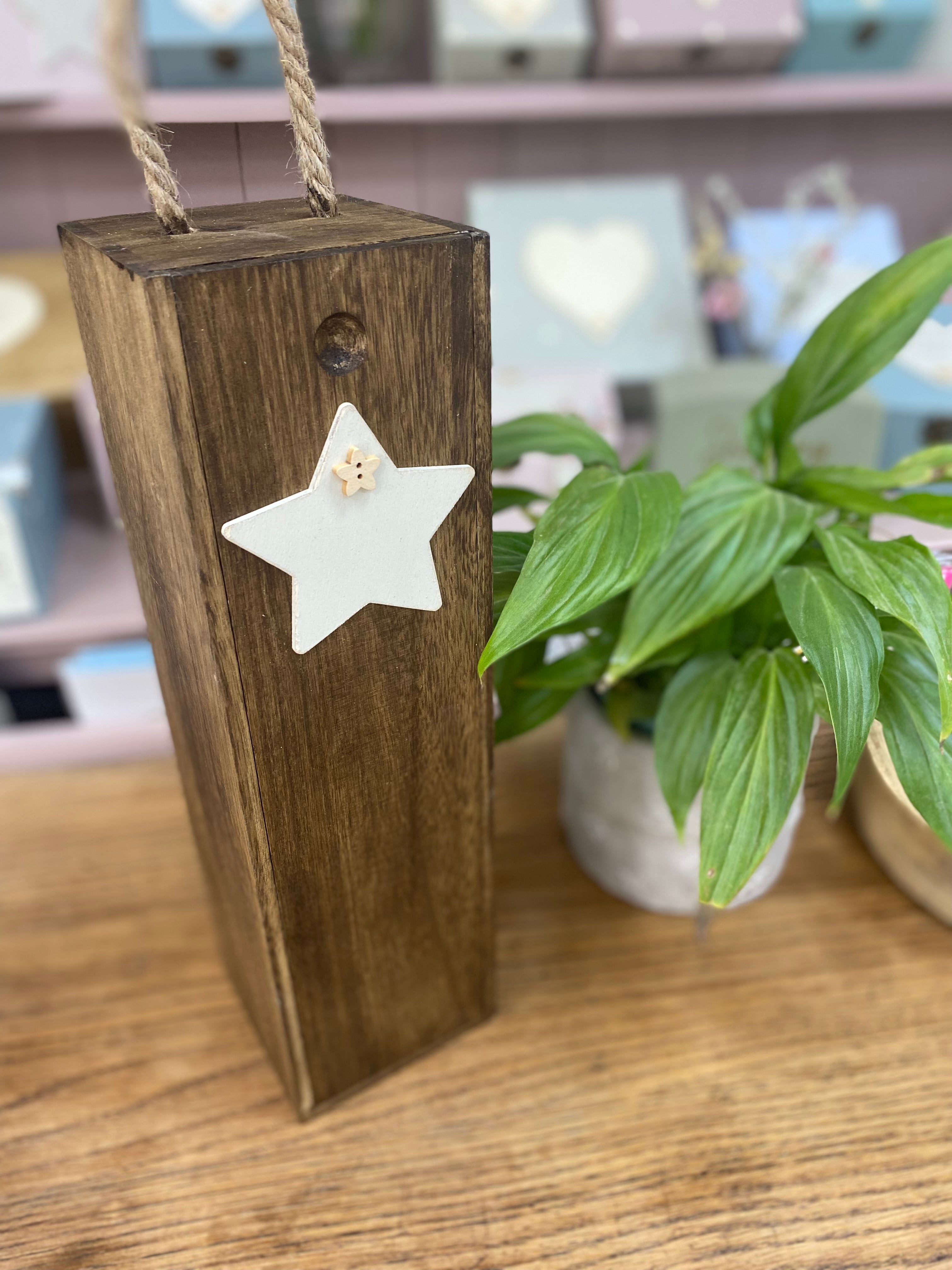 Personalised wooden wine box with star.