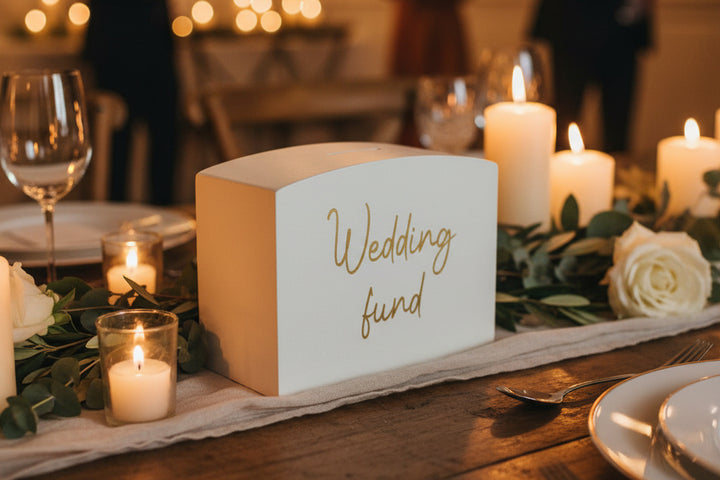 Personalised Wooden Wedding Money Box – Hand Painted White Keepsake with Gold Script | Wedding & Honeymoon Fund Gift