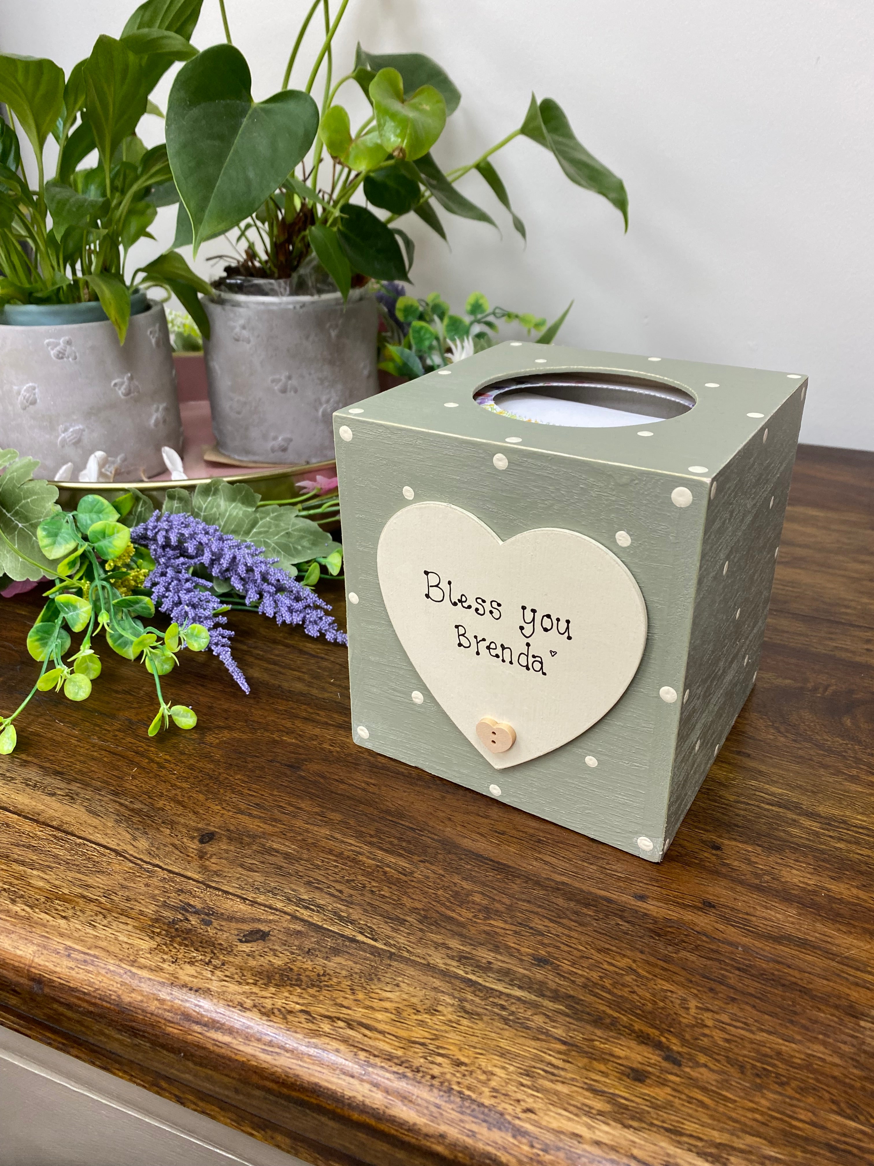 Personalised spotty wooden tissue box with heart.