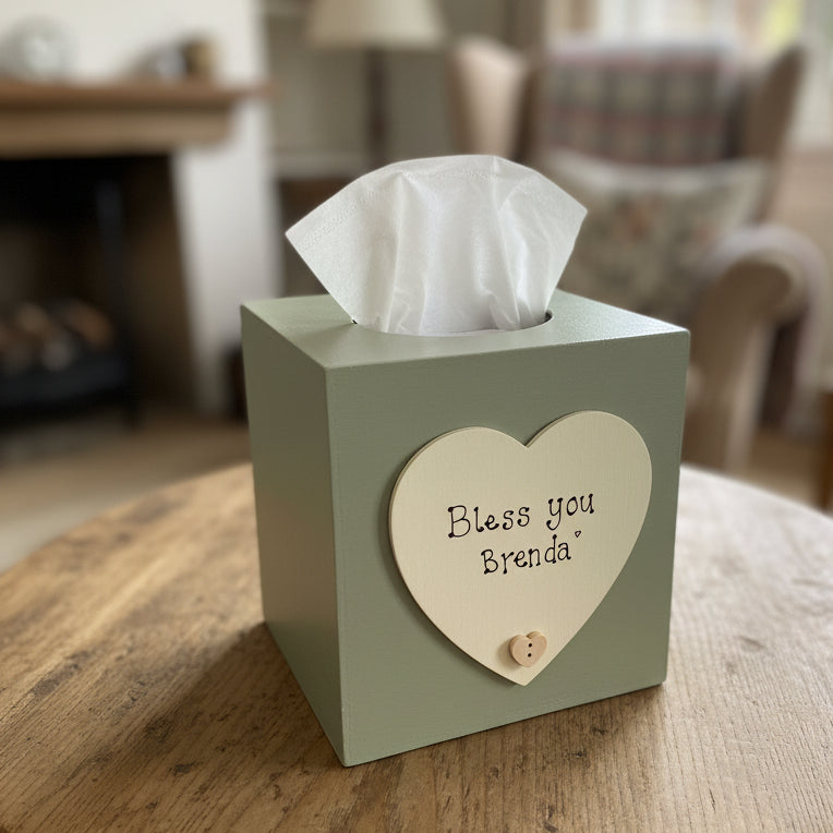 Personalised Hand-Painted Wooden Tissue Box – Custom Home Décor Gift with Wooden Heart & Whimsical Script