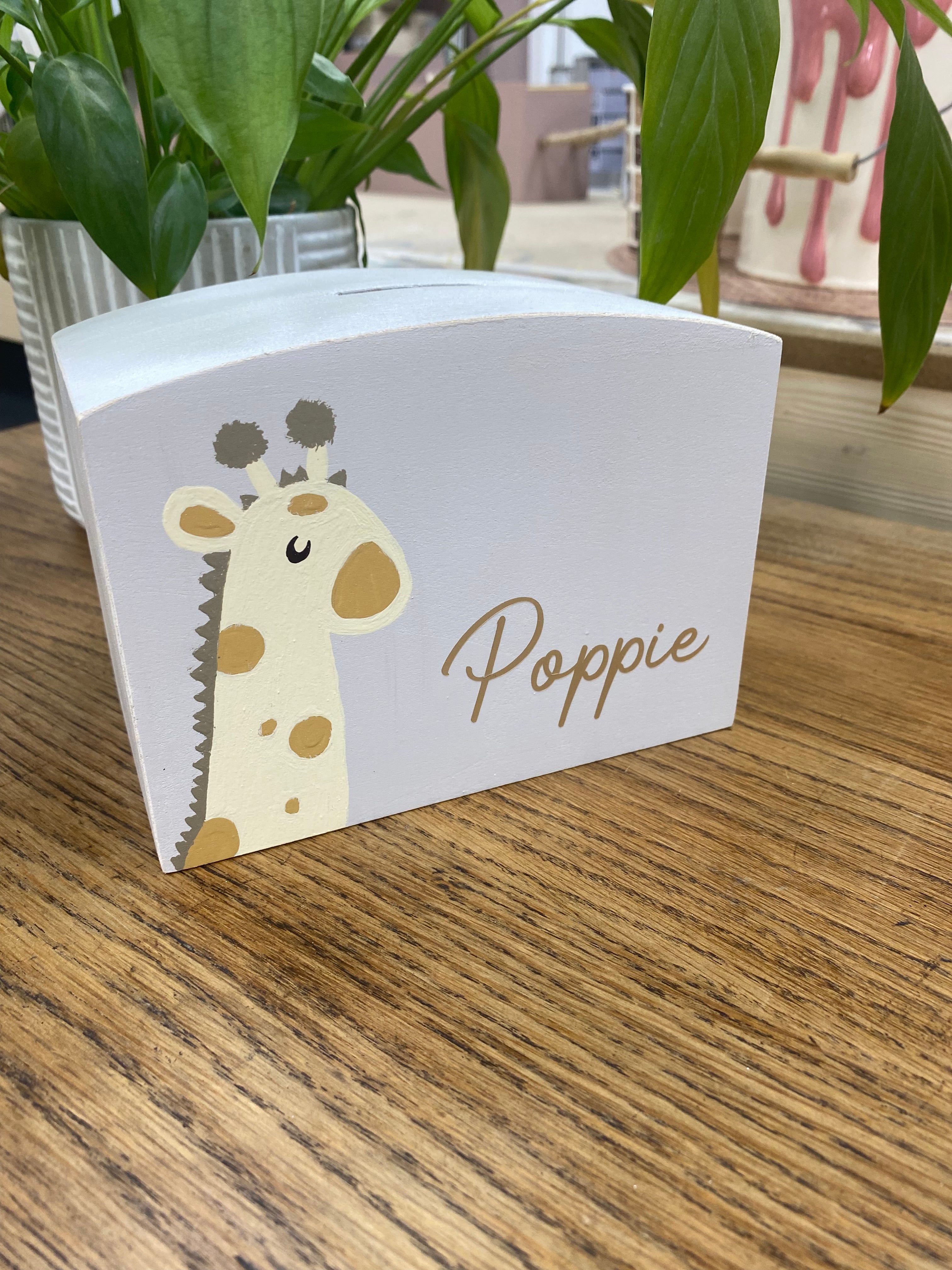 Personalised Luxury Wooden Money Box Hand Painted Giraffe.