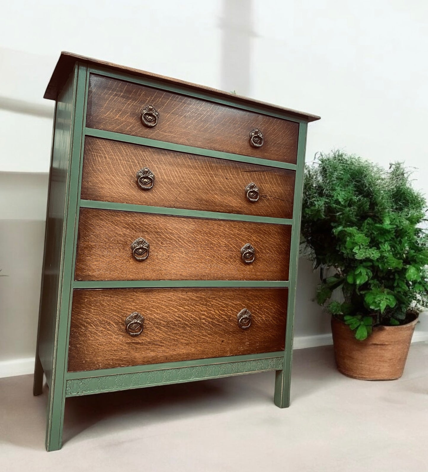Vintage Walnut 4 Drawer Chest in Green