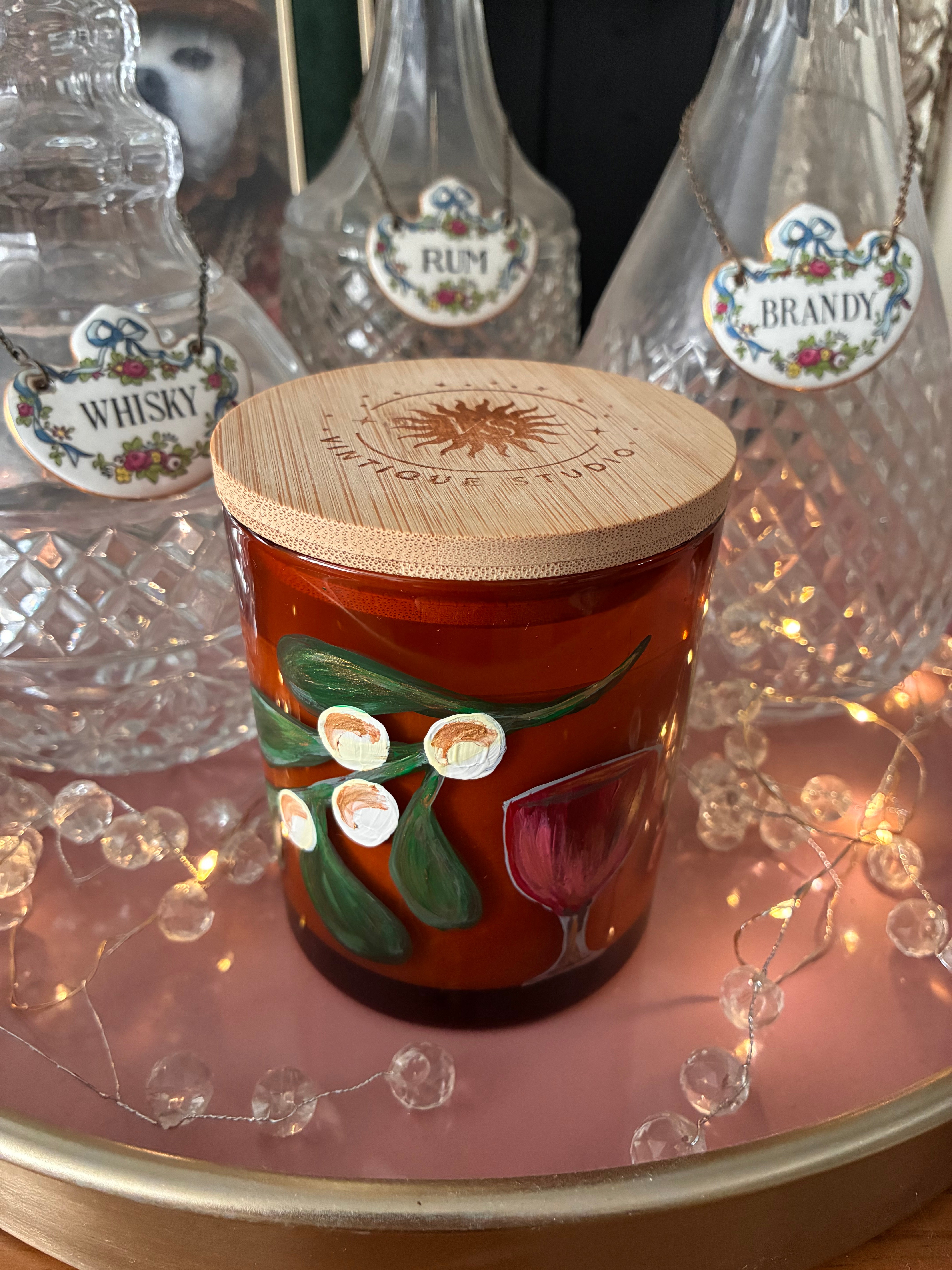 Mistletoe & Cherry Wine | Artisan Hand-Painted Essential Oil Crackle Wick Christmas Candle