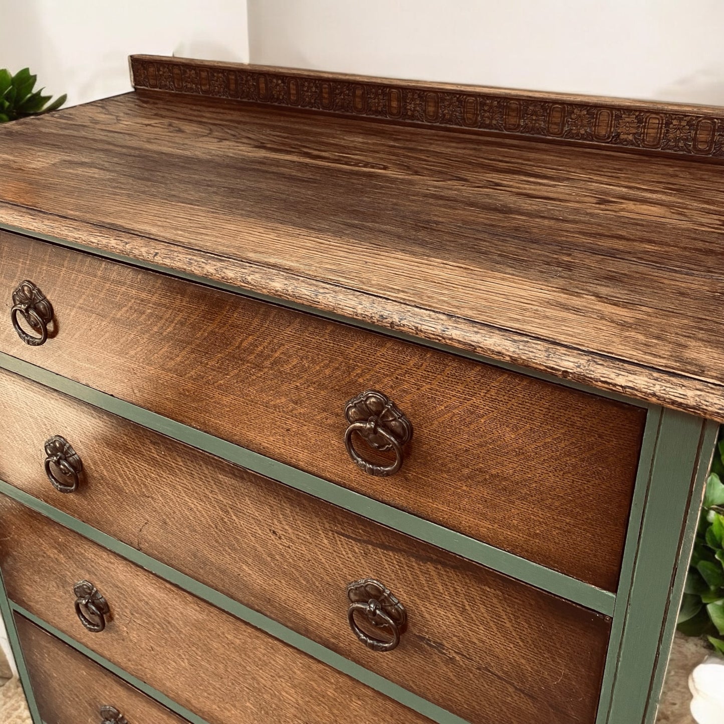 Vintage Walnut 4 Drawer Chest in Green