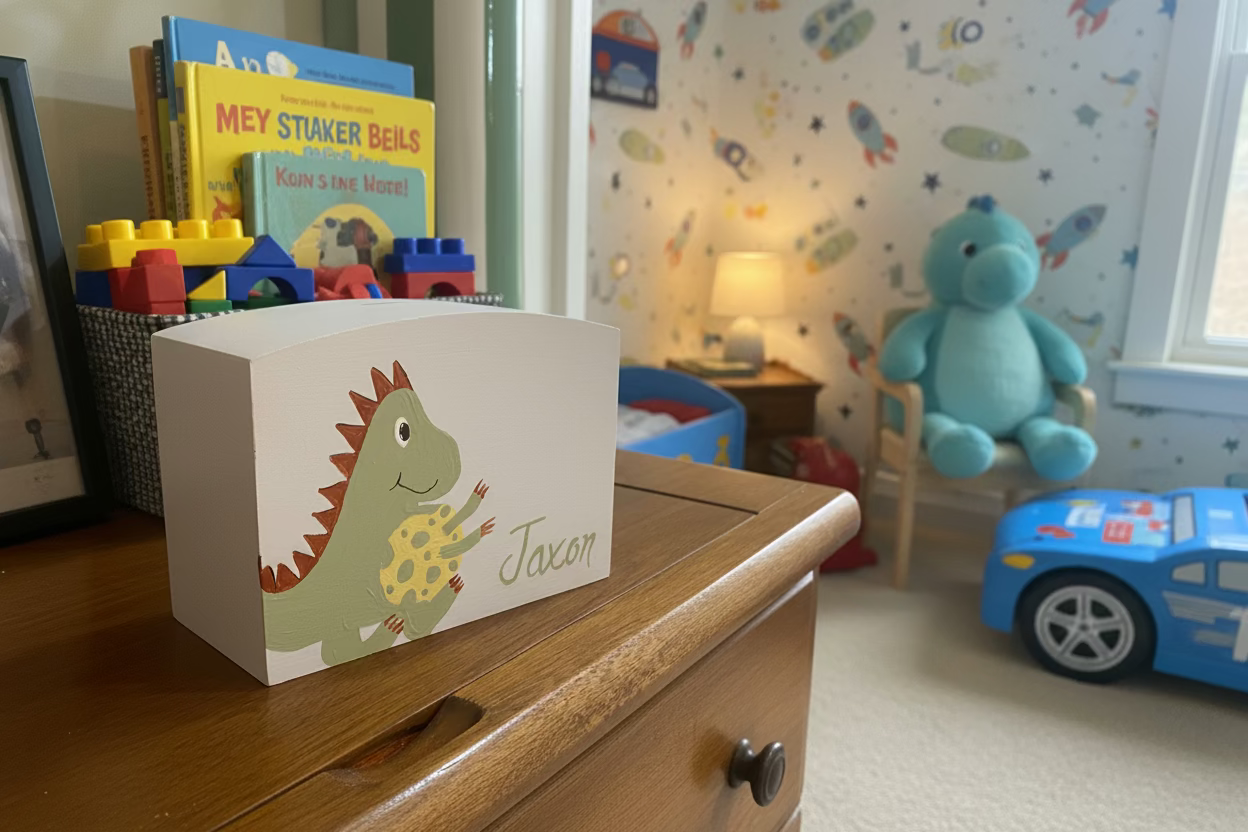 Personalised Wooden Dinosaur Money Box – Hand-Painted Kids Savings Box, Custom Name Gift, Handmade Nursery Decor