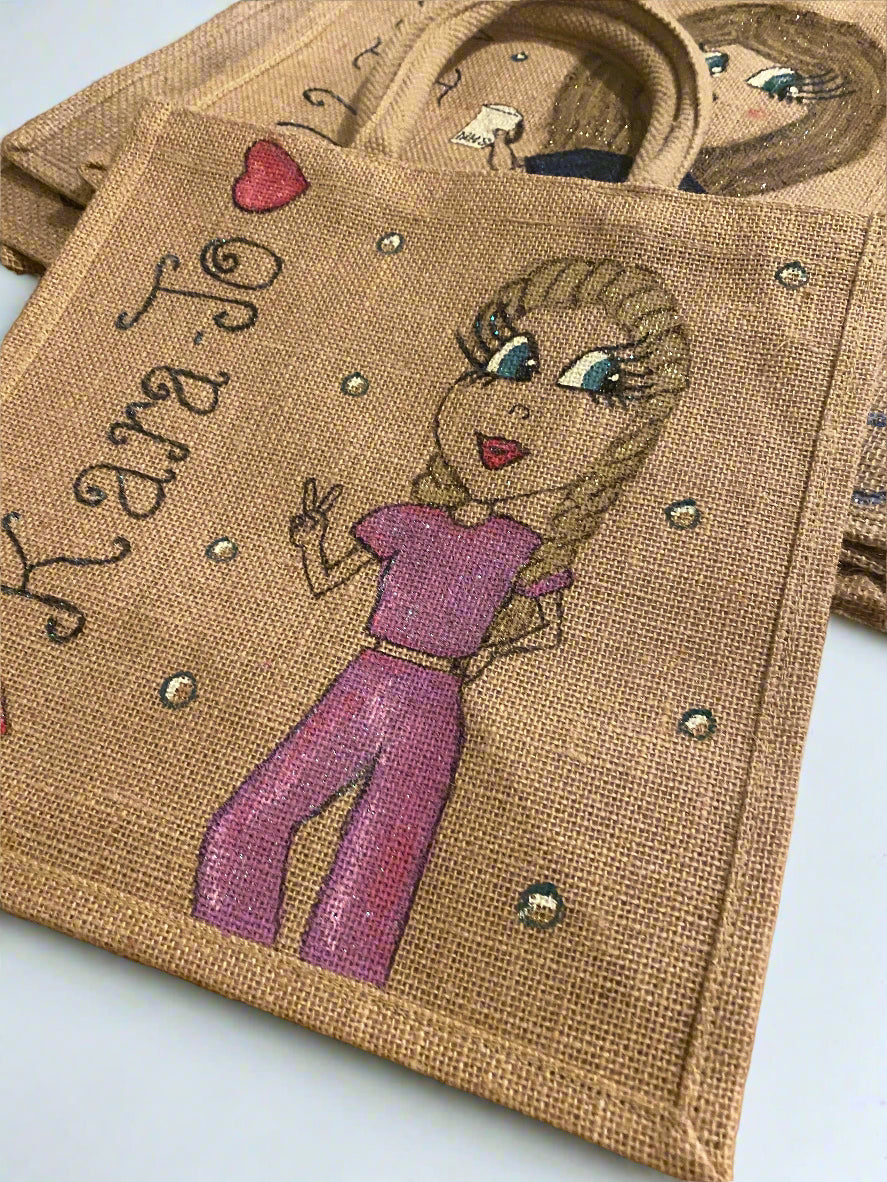 Personalised Hand-Painted Jute Bags | Custom Eco Tote with Caricature & Glitter