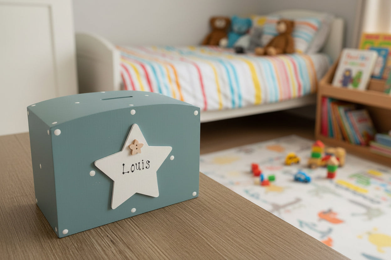 Personalised Hand-Painted Wooden Money Box with Star – Spotty Design, Custom Name Gift