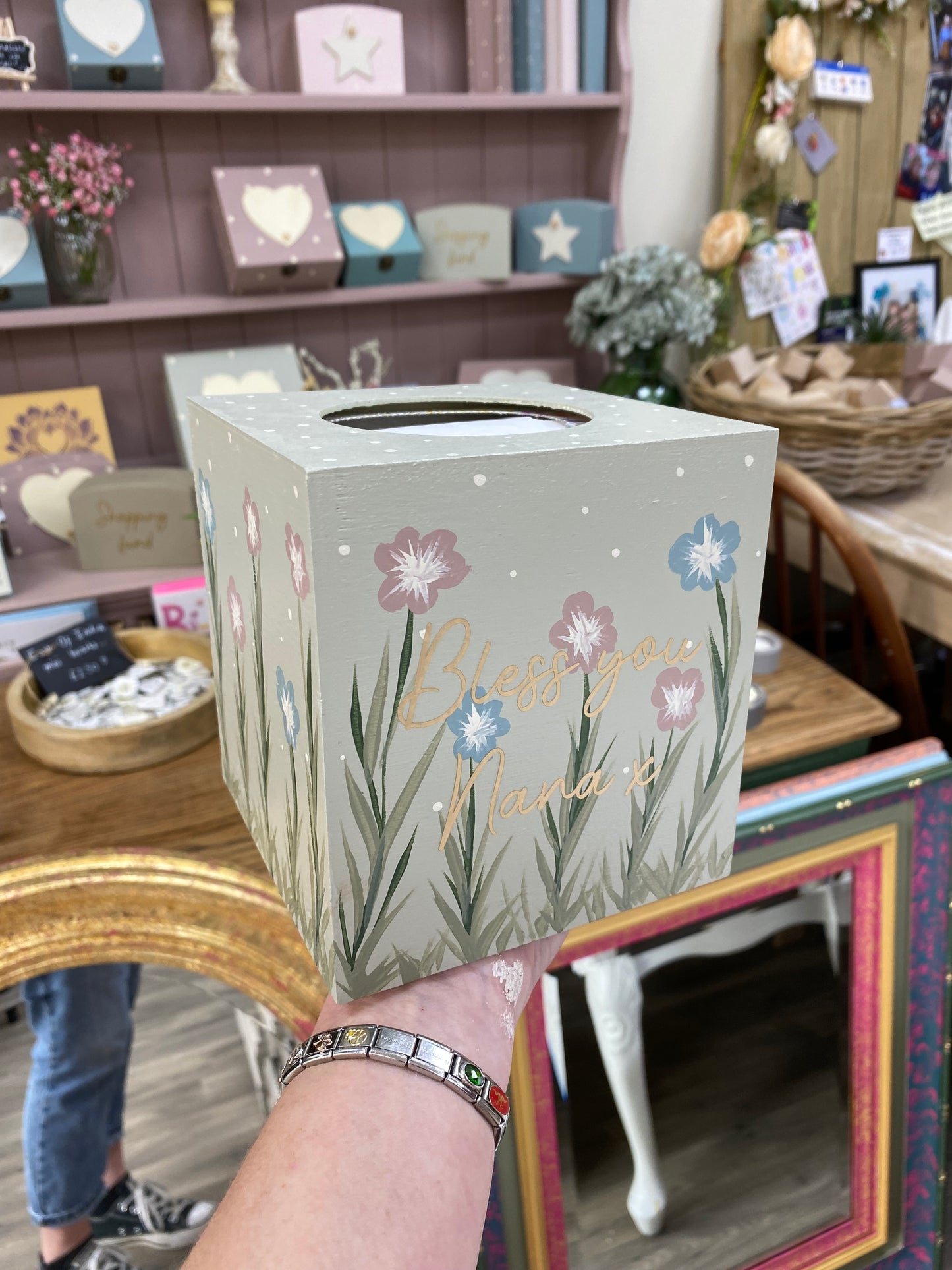 Personalised floral wooden tissue box.