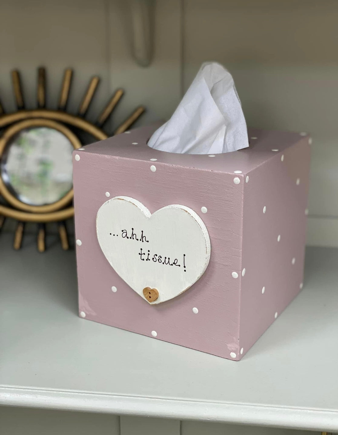 Personalised spotty wooden tissue box with heart.