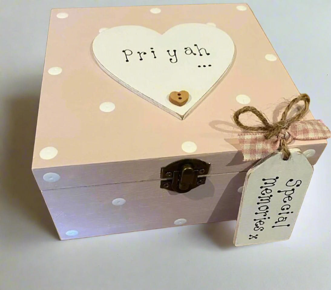 Personalised Wooden Storage Box – Handmade Spotty Keepsake Memory Gift with Tag