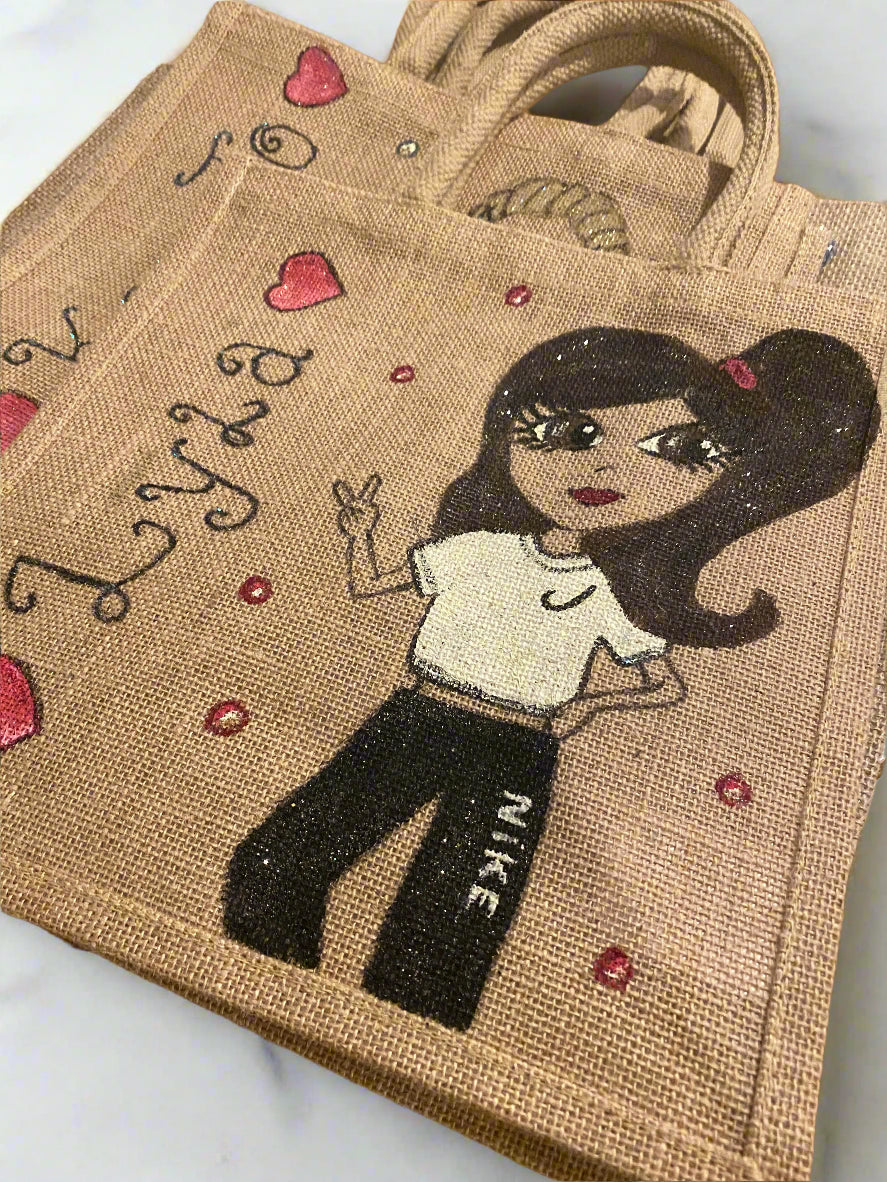 Personalised Hand-Painted Jute Bags | Custom Eco Tote with Caricature & Glitter