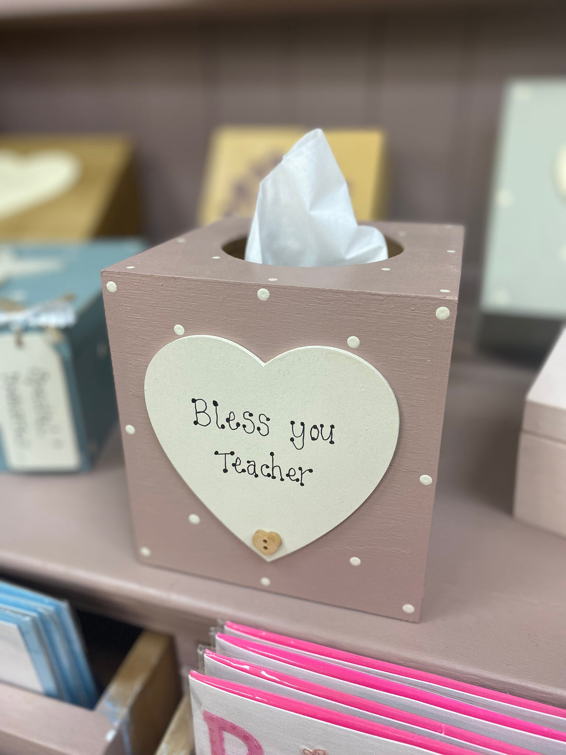 Personalised spotty wooden tissue box with heart.