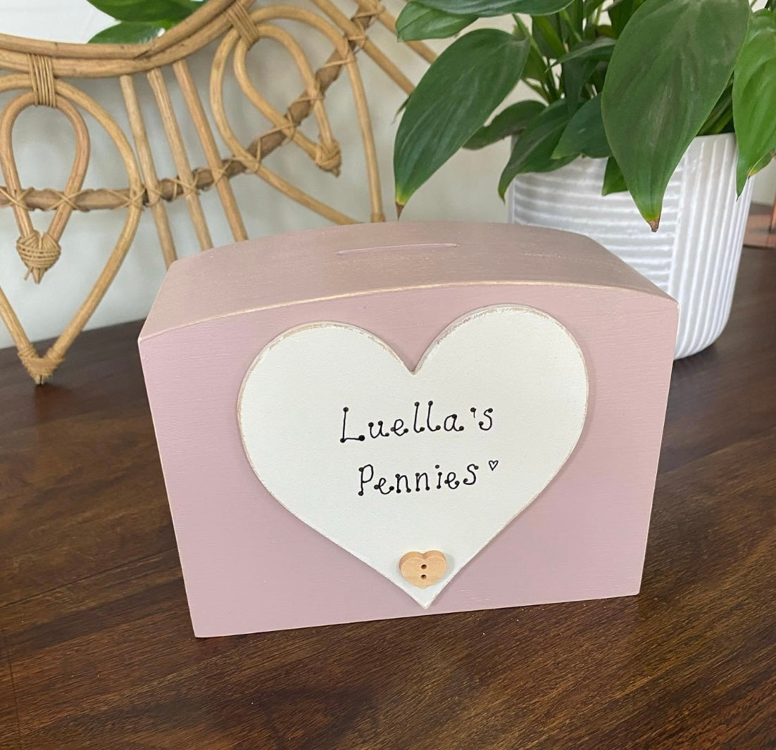 Personalised Luxury Wooden Money Box With Heart.