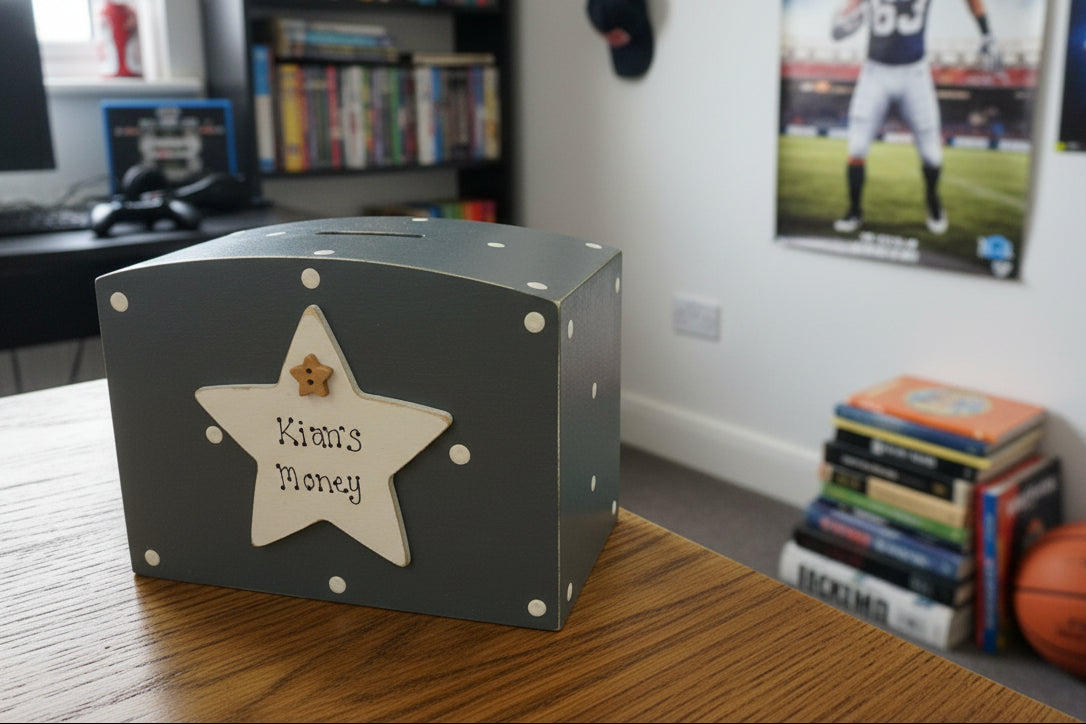 Personalised Hand-Painted Wooden Money Box with Star – Spotty Design, Custom Name Gift