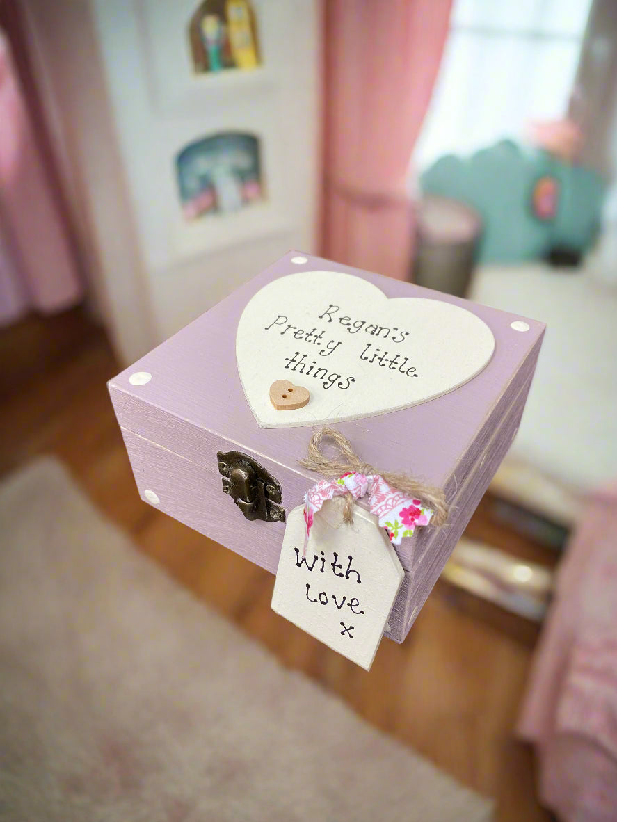 Personalised Wooden Storage Box – Handmade Spotty Keepsake Memory Gift with Tag