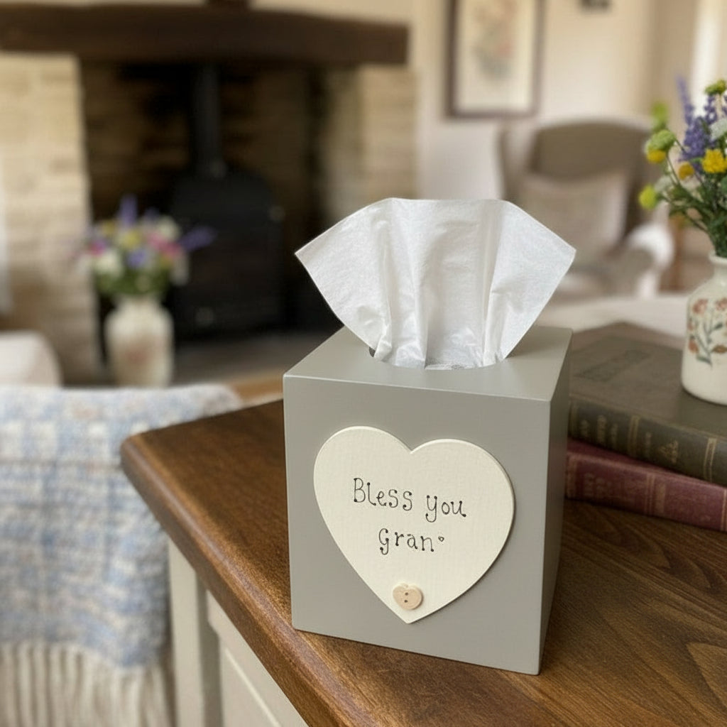 Personalised Hand-Painted Wooden Tissue Box – Custom Home Décor Gift with Wooden Heart & Whimsical Script