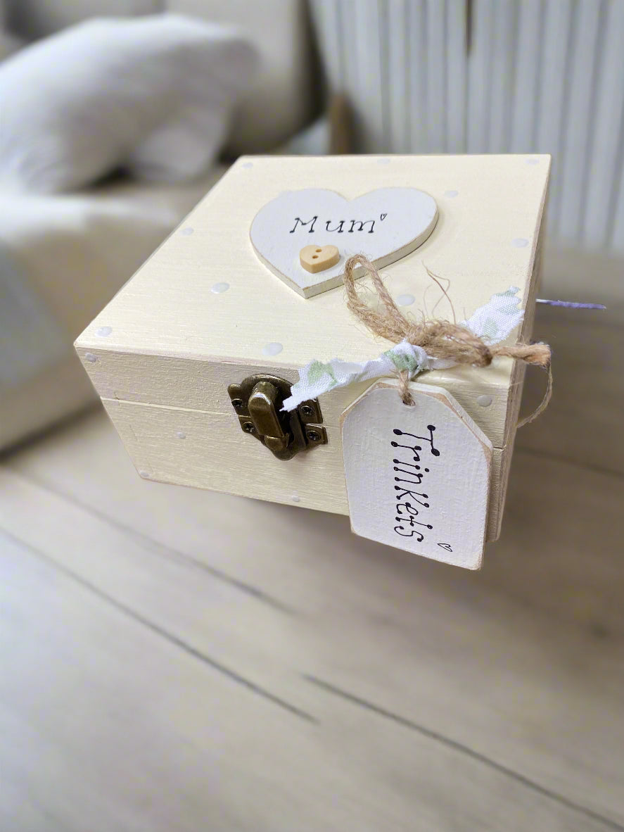 Personalised Wooden Storage Box – Handmade Spotty Keepsake Memory Gift with Tag
