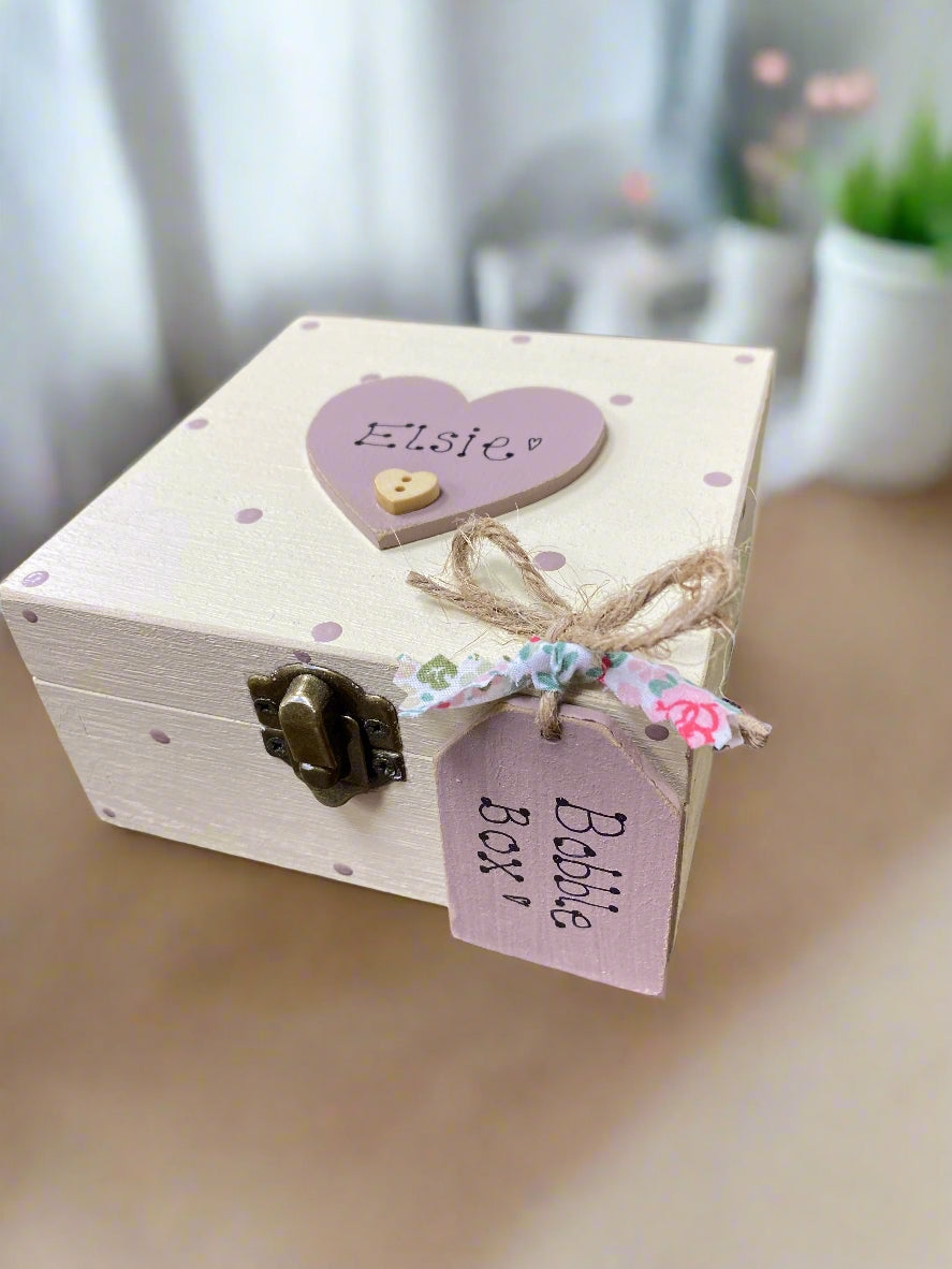 Personalised Wooden Storage Box – Handmade Spotty Keepsake Memory Gift with Tag