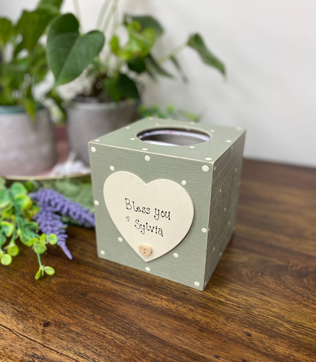 Personalised spotty wooden tissue box with heart.