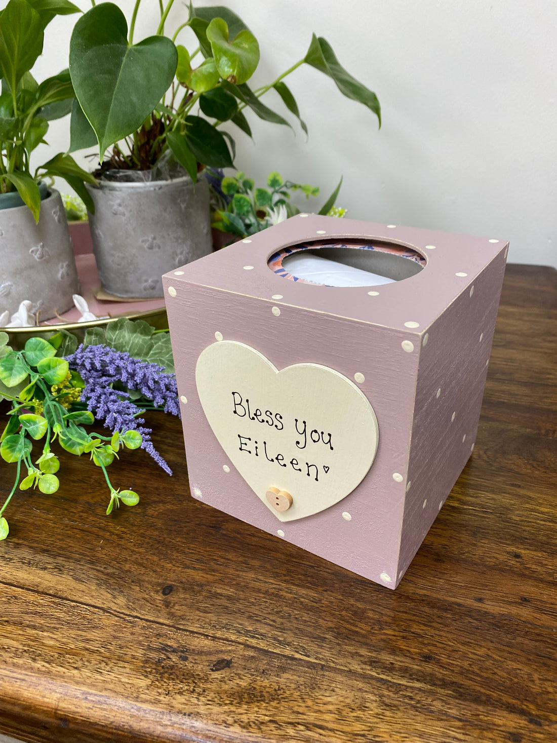 Personalised spotty wooden tissue box with heart.