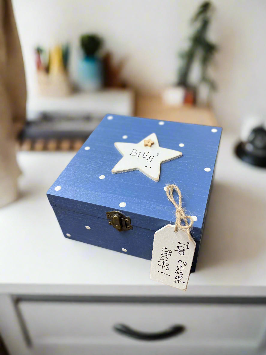 Personalised Wooden Storage Box – Handmade Spotty Keepsake Memory Gift with Tag