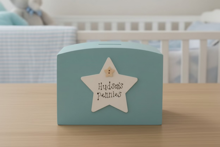 Personalised Hand-Painted Wooden Money Box with Star – Custom Name Gift