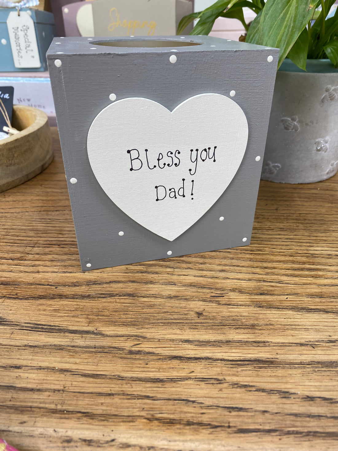 Personalised spotty wooden tissue box with heart.