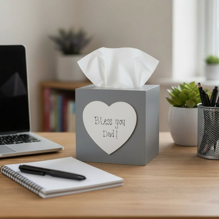 Personalised Hand-Painted Wooden Tissue Box – Custom Home Décor Gift with Wooden Heart & Whimsical Script