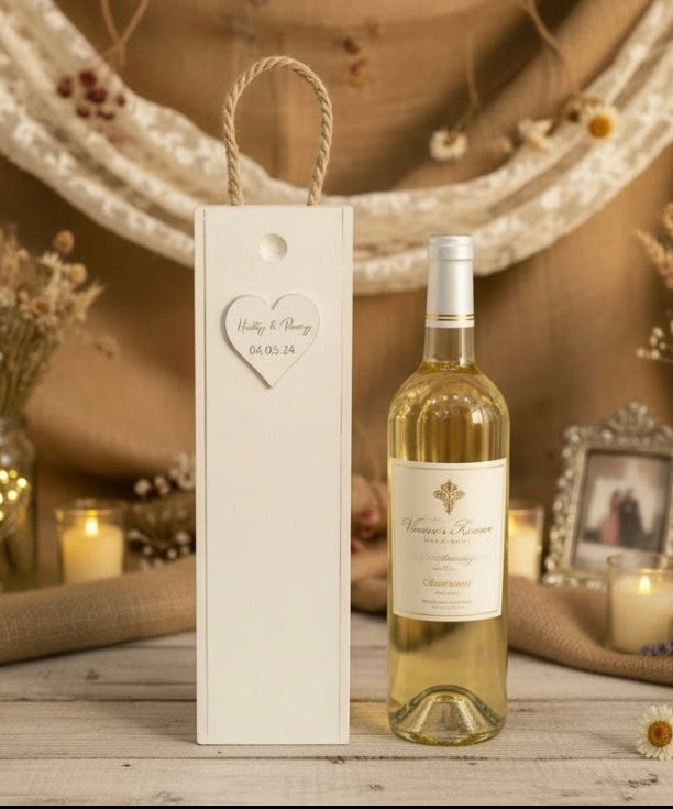 Personalised Wooden Wedding Wine Box – Hand Painted & Hand Finished Keepsake Gift (Gold Script, Custom Text