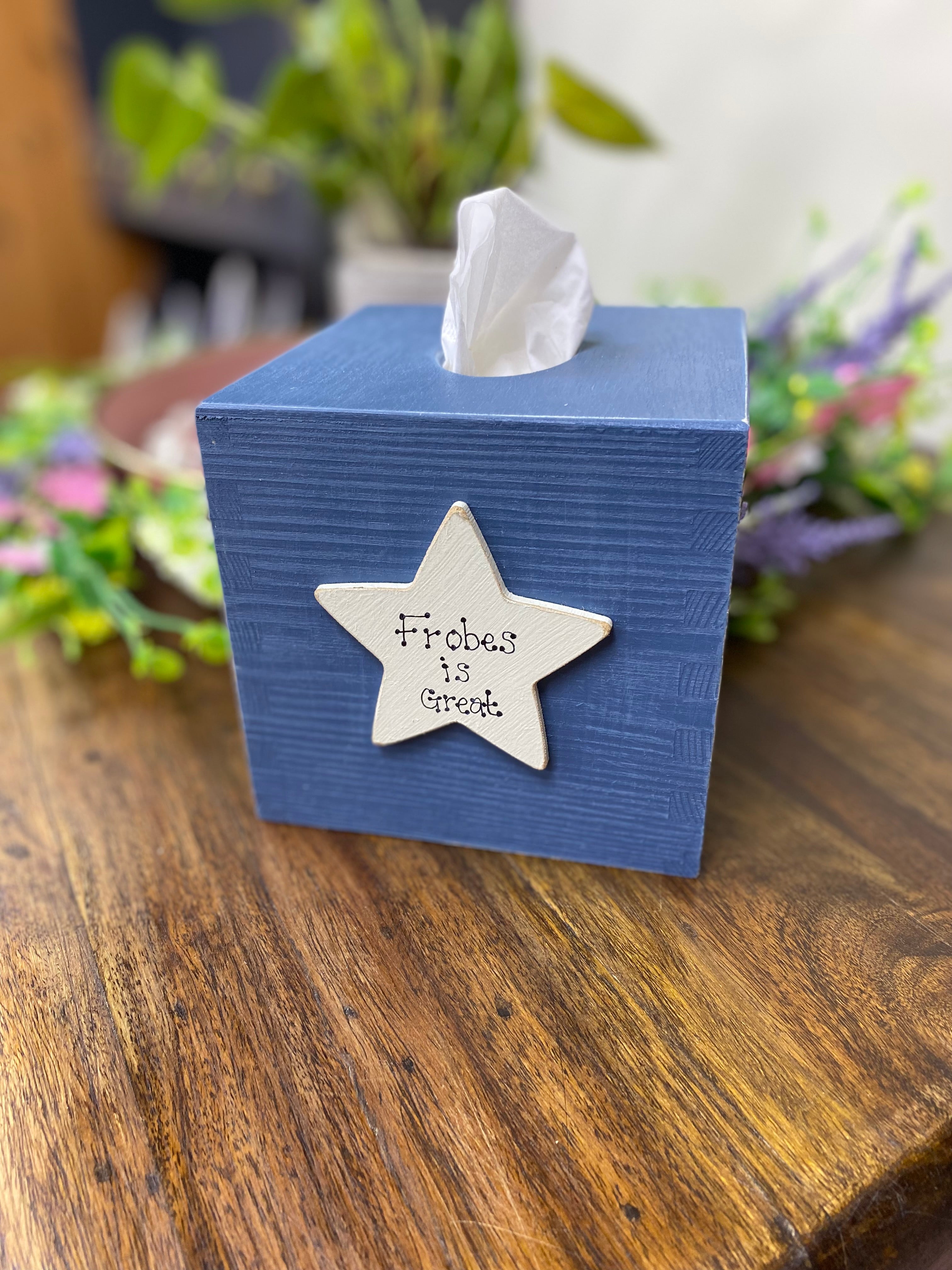 Personalised wooden tissue box with star.
