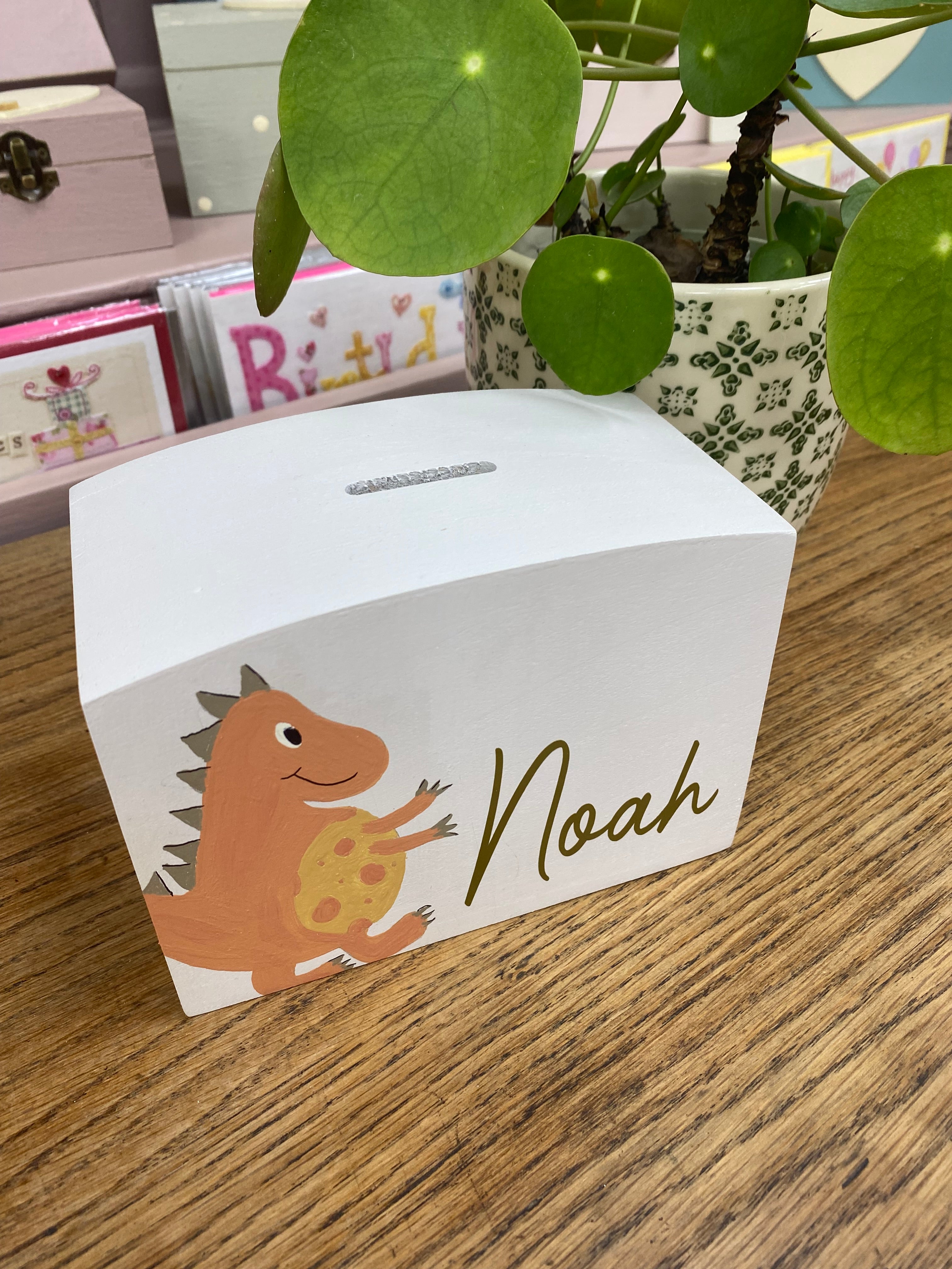 Personalised Luxury Wooden Money Box Hand Painted Dinosaur.