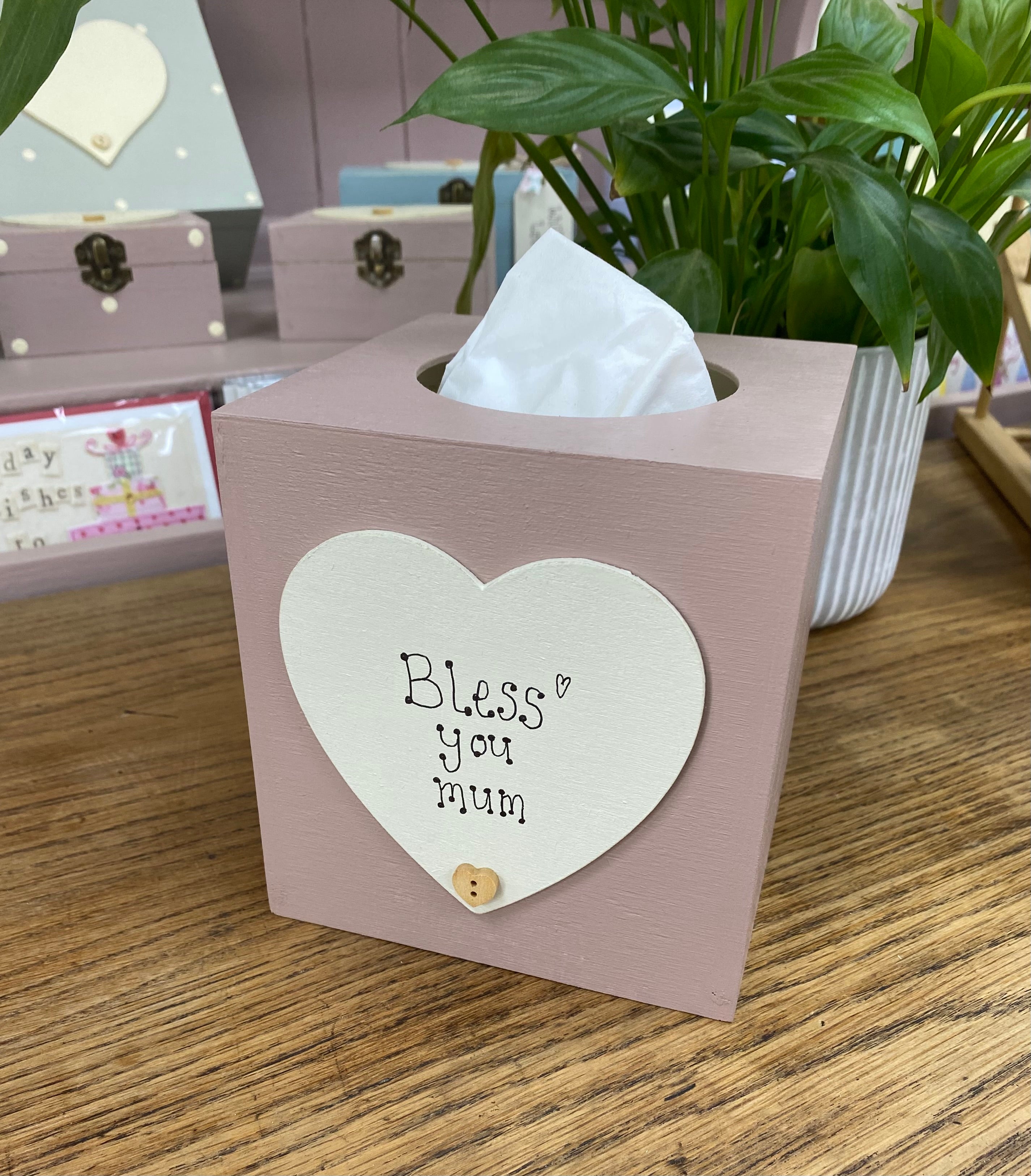 Personalised wooden tissue box with heart.