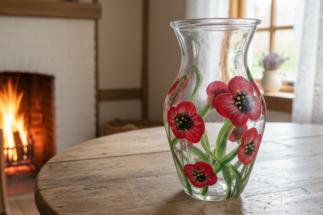 Hand-Painted Poppy Glass Vase | Unique Floral Gift