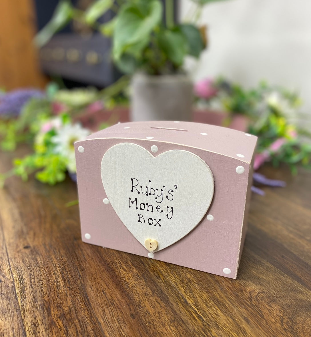 Personalised spotty wooden money box with heart.