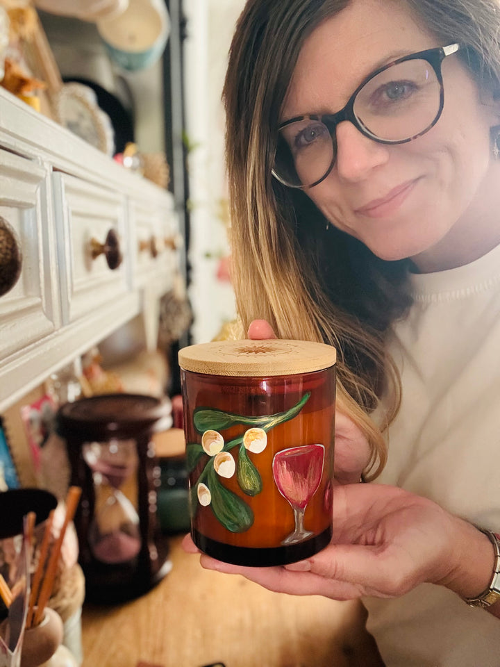 Mistletoe & Cherry Wine | Artisan Hand-Painted Essential Oil Crackle Wick Christmas Candle