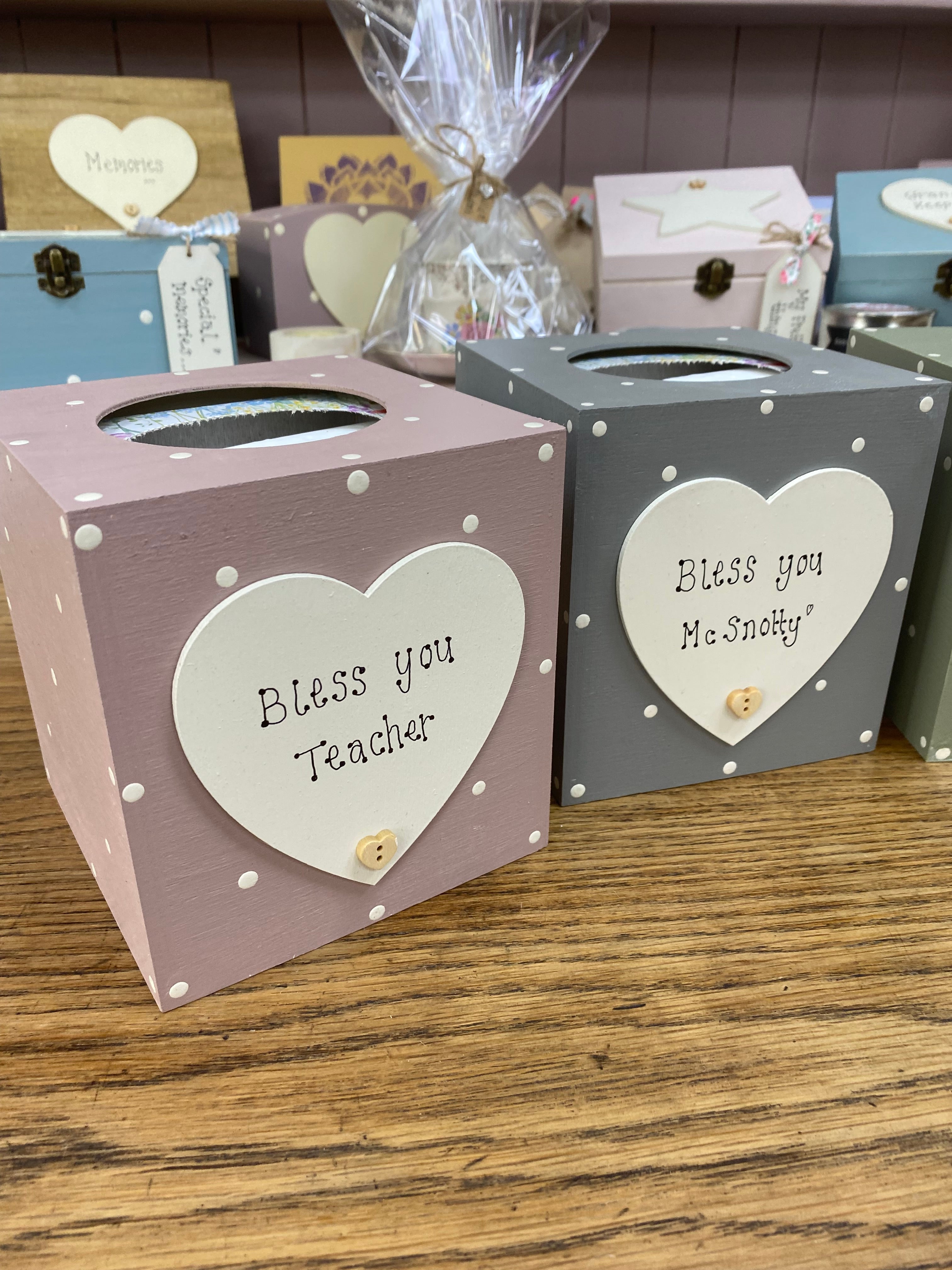 Personalised spotty wooden tissue box with heart.