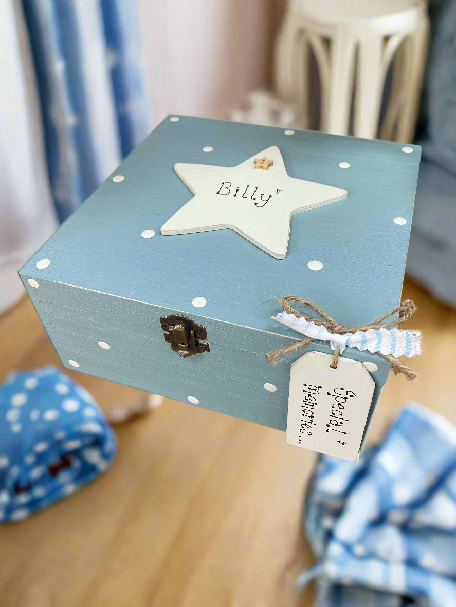 Personalised Wooden Storage Box – Handmade Spotty Keepsake Memory Gift with Tag