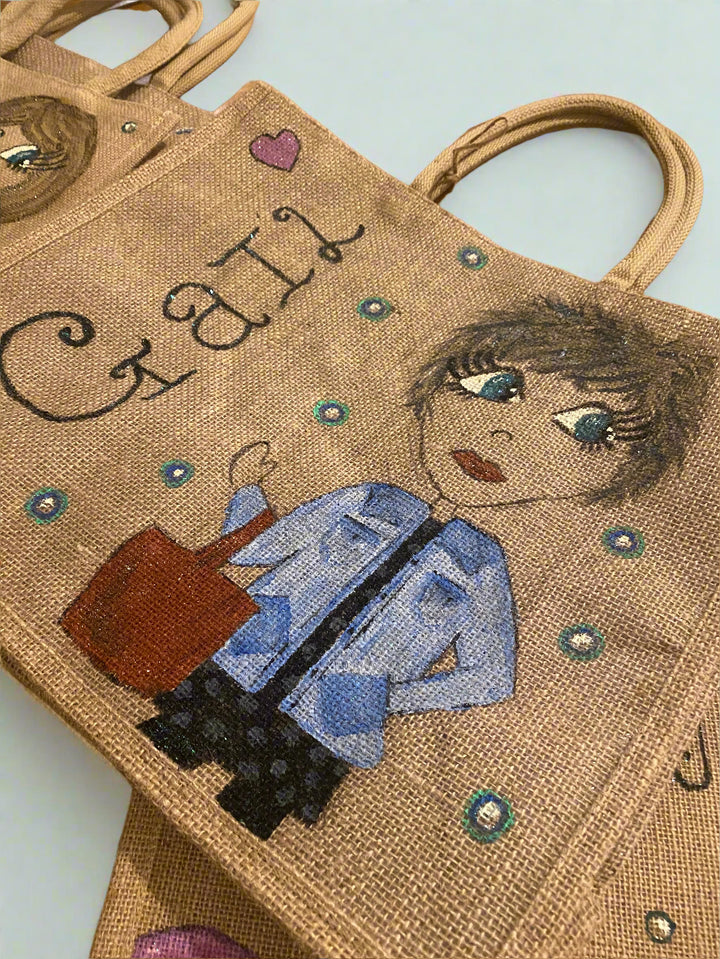 Personalised Hand-Painted Jute Bags | Custom Eco Tote with Caricature & Glitter
