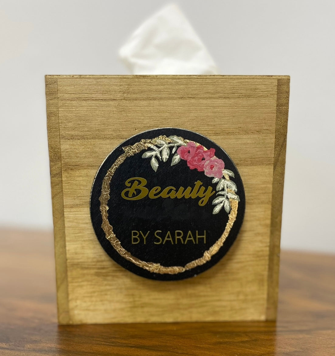 Personalised custom wooden tissue box.