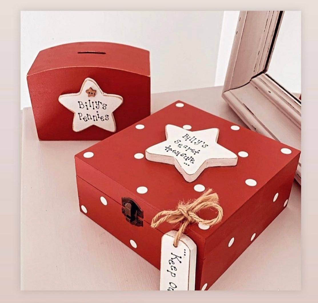 Personalised Wooden Storage Box – Handmade Spotty Keepsake Memory Gift with Tag