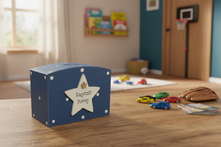 Personalised Hand-Painted Wooden Money Box with Star – Spotty Design, Custom Name Gift