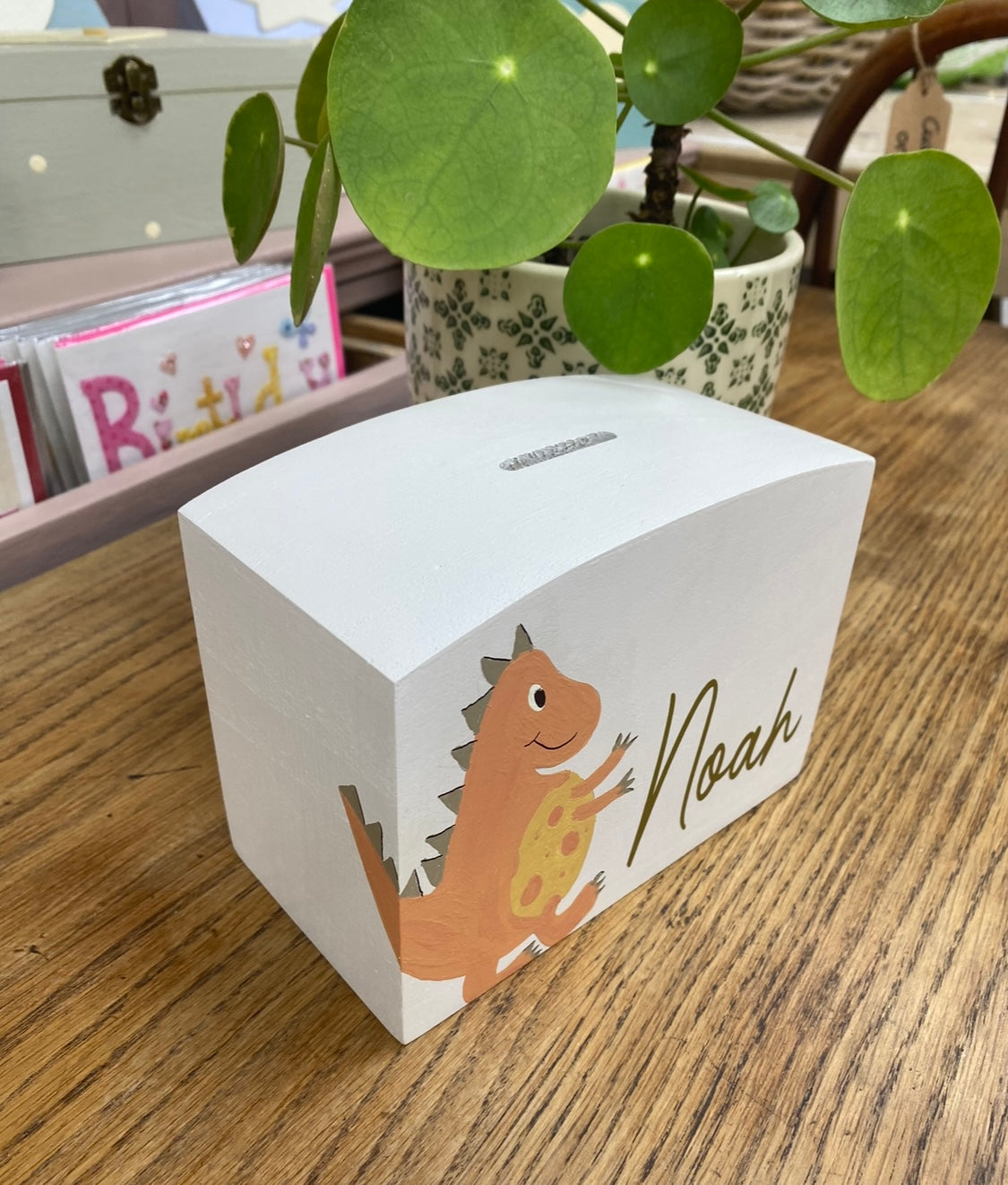 Personalised Luxury Wooden Money Box Hand Painted Dinosaur.
