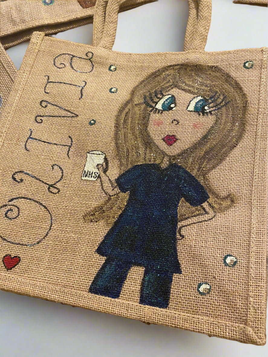 Personalised Hand-Painted Jute Bags | Custom Eco Tote with Caricature & Glitter