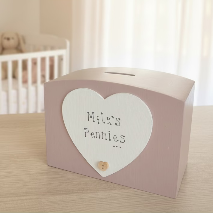 Personalised Hand-Painted Wooden Money Box – Custom Keepsake Gift with Heart